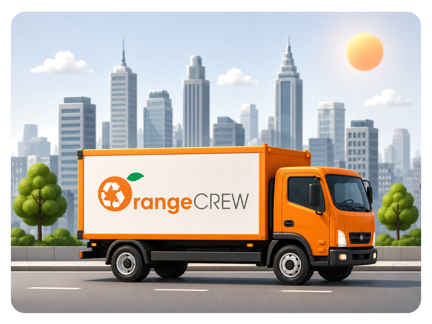 Orange Crew junk removal truck driving past the Chicago skyline